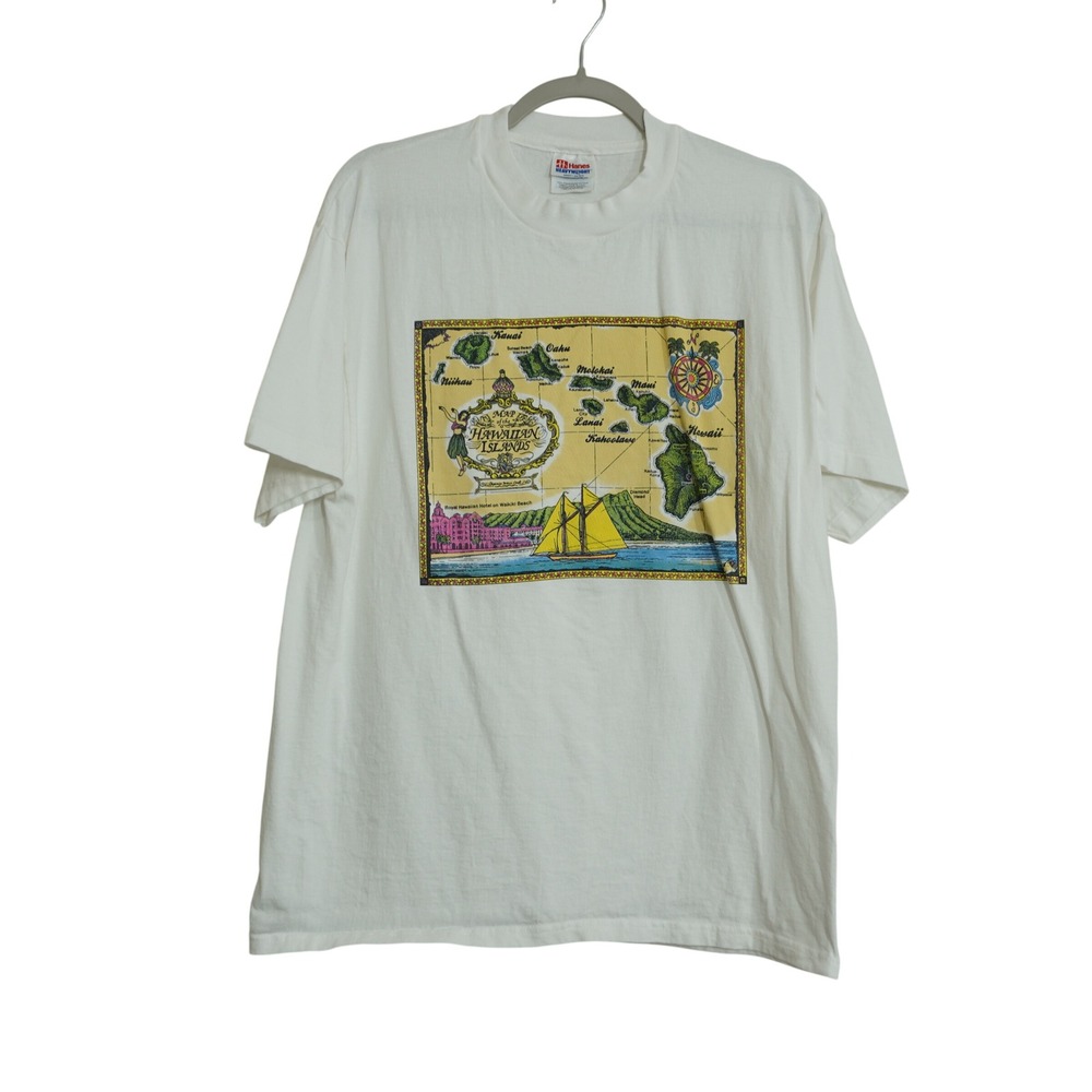 Vintage Single Stitch Hanes Hawaii Map T-Shirt White Heavyweight Graphic‎ Large